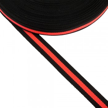 Twill tape synthetic 20mm width in Black color with coral stripe